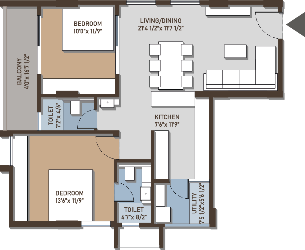 Configuration D – 2 BHK East Facing Floor Plan