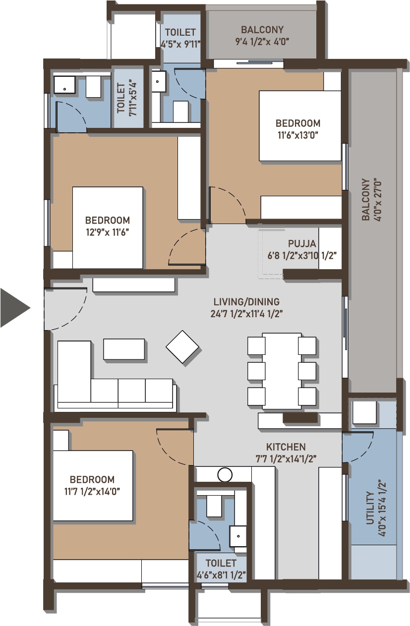 Configuration C – 3 BHK Floor Plan