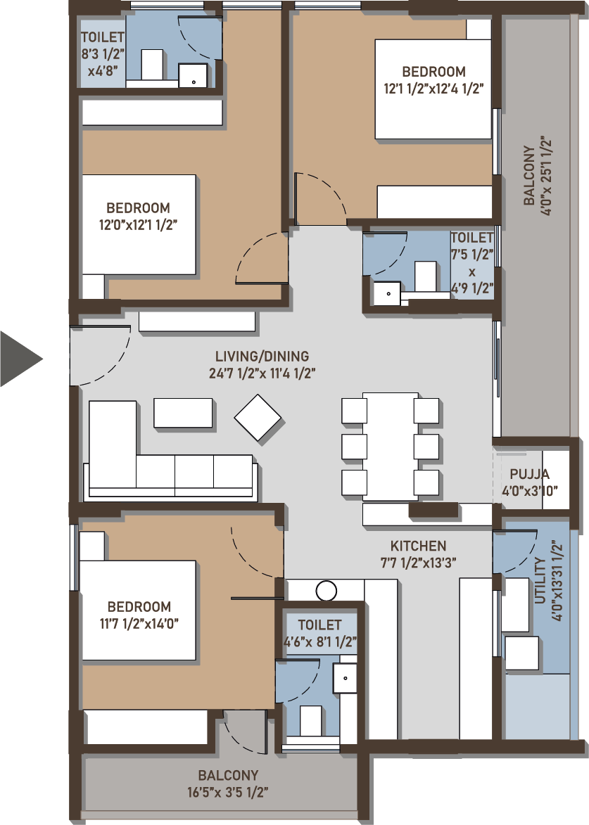 Configuration E – 3 BHK East Facing Floor Plan