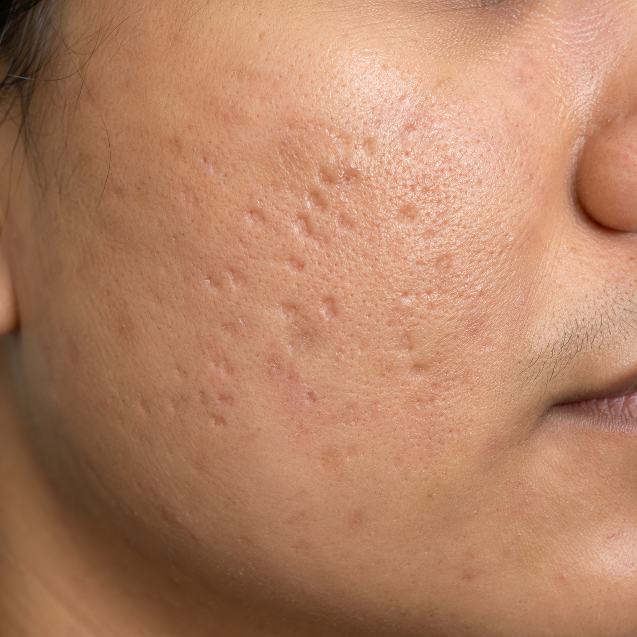 Boxcar acne scars on skin