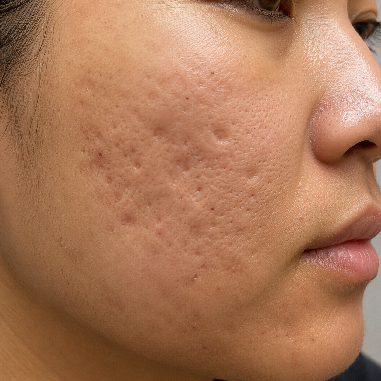 Combined acne scarring on skin